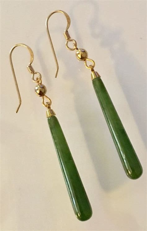 Genuine Jade Earrings, Long Jade Earrings, Elegant Jade and Gold Smooth ...