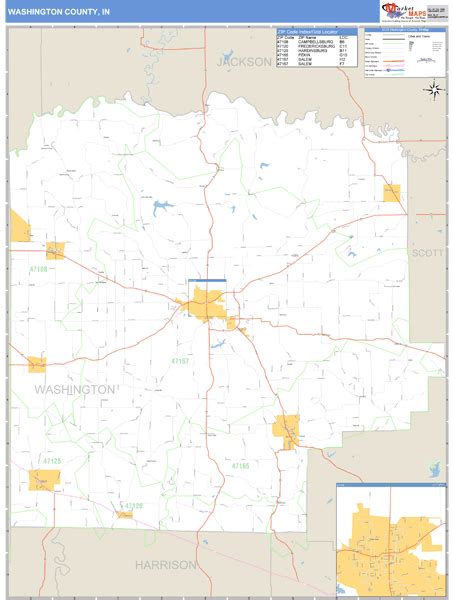 Washington County, Indiana Zip Code Wall Map | Maps.com.com