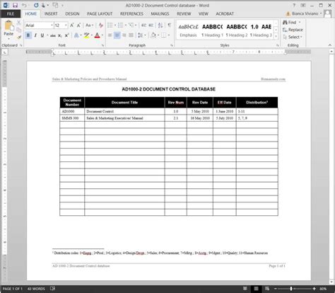 Document Control Database Log Template