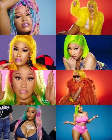 four different pictures of the same woman with bright colored hair and wigs, one in pink