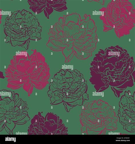Vector seamless pattern with pink peonies on green background. Silhouettes of vivid flowers ...