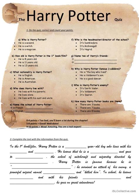 The Harry Potter Quiz: English ESL worksheets pdf & doc