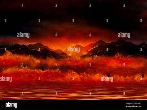 Digital art. Hell and Lake of Fire Stock Photo - Alamy