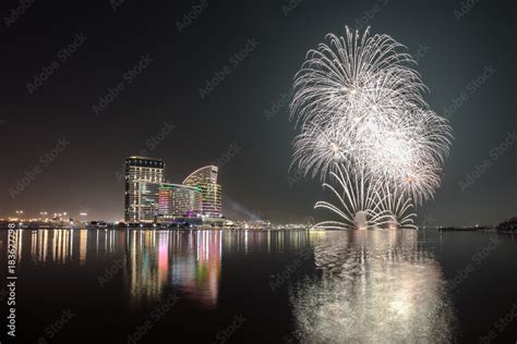 Celebration of UAE National Day with fireworks over the Festival City ...