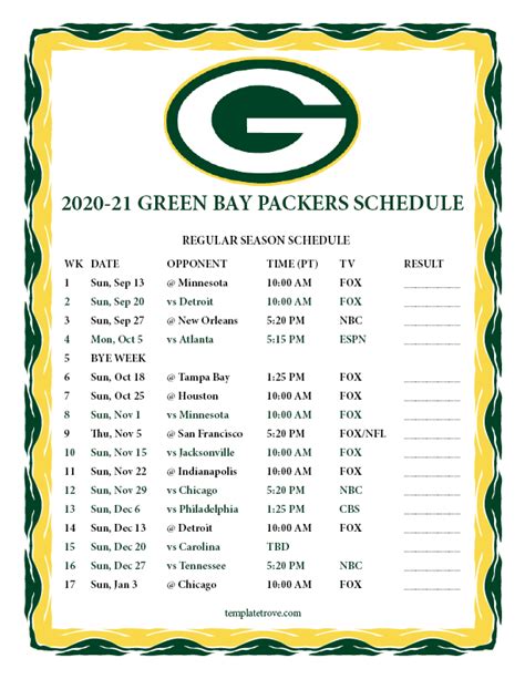 Printable 2020-2021 Green Bay Packers Schedule