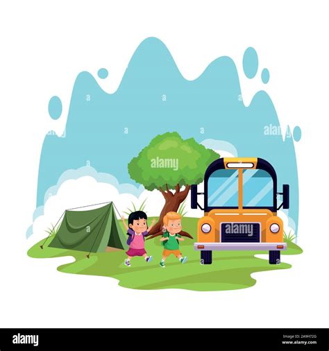 school camping design with cartoon kids and school bus Stock Vector ...