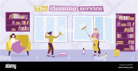 Residential windows cleaning service flat advertising banner with professional team squeegeeing ...