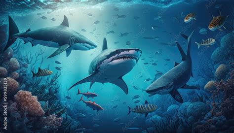 Sharks underwater in ocean against bright light, generated ai ...