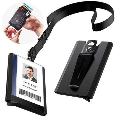 ELV Aluminium ID Badge Card Holder W/ Lanyard, Quick Release button & Metal Clip 1-4 Cards ...