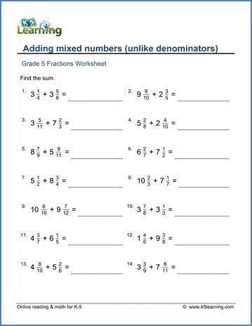 Add mixed numbers (unlike denominators) worksheets | K5 Learning