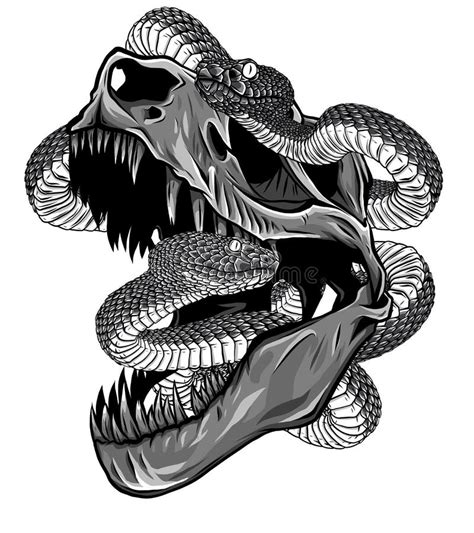 Monochromatic Dinosaur Skull. Drawing of T-Rex Skull with Snake Stock Vector - Illustration of ...