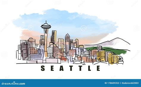 Seattle Skyline Hand Drawn Colored with Modern Buildings Isolated on ...