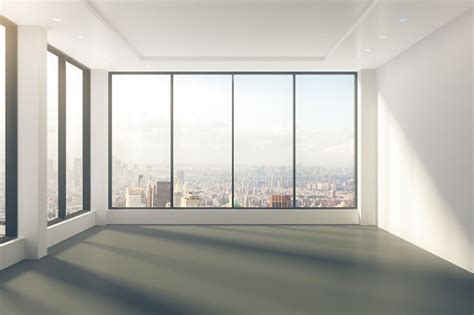 Modern Empty Room With Windows In Floor And City View Stock Photo ...