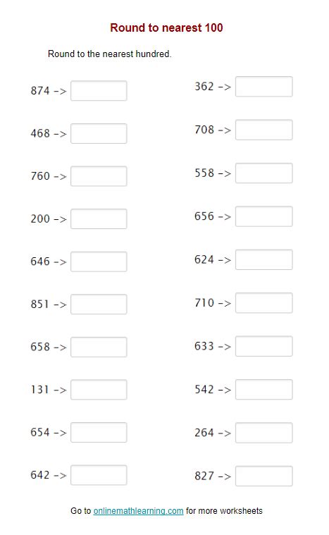 Round to the nearest 100 (Second Grade, printable, answers)