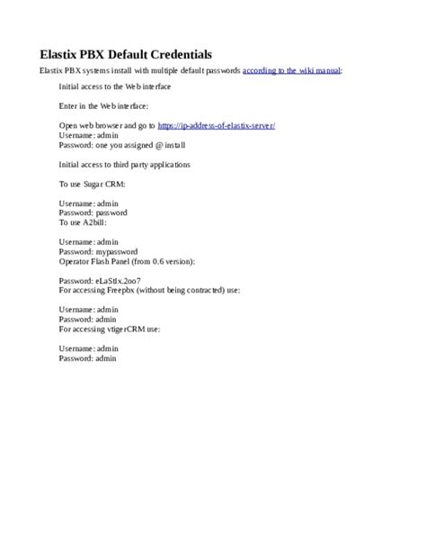 (PDF) Elastix PBX Default Login Credentials Overview