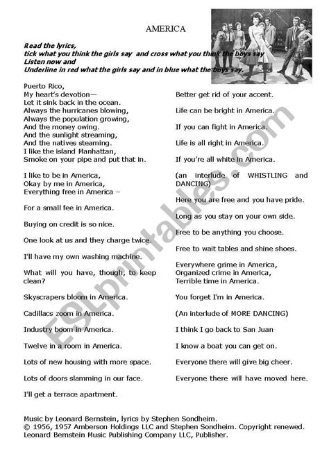 America, West Side Story - ESL worksheet by feenanou