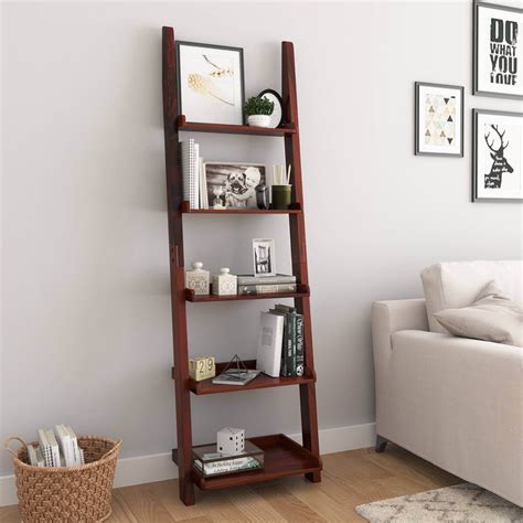 Eclectic Solid Wood 5 Open Shelf Leaning Ladder Bookcase