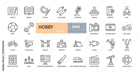 Vector hobby icons. Editable Stroke. Hobbies for children and adults at ...