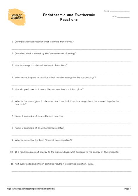 Endothermic Reactions Vs. Exothermic Reactions Worksheet