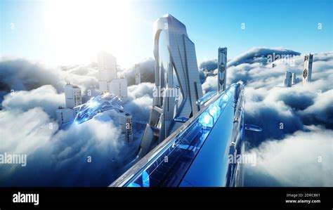 Futuristic sci fi city in clouds. Utopia. concept of the future. Flying passenger transport ...