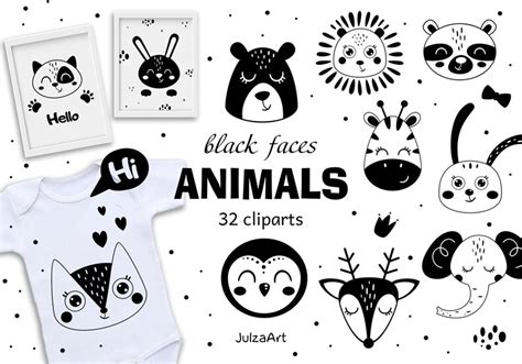 Animal faces svg Cute animals svg png Black and white | Etsy