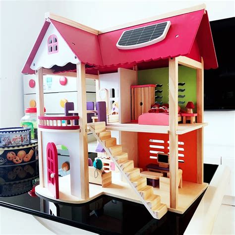 55*37*52cm Kids Wooden Doll House Pretend Toy Wooden Doll Villa with Doll Furniture and Puppets ...