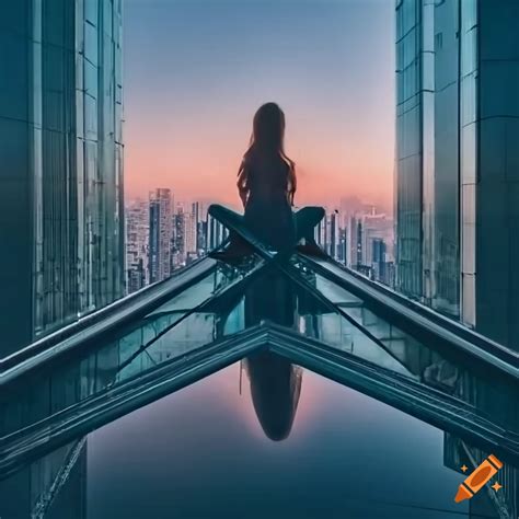 Person sitting on glass skyscraper roof overlooking the city in high definition on Craiyon