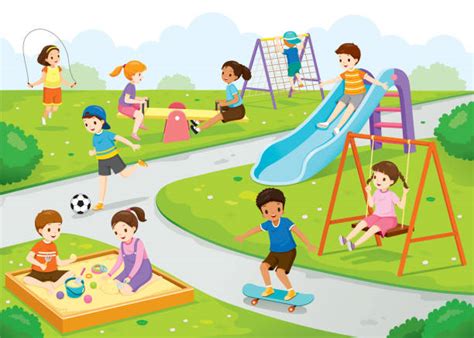 Best Happy Children Friends Playing In Park Swing Spring Nature Cartoon ...