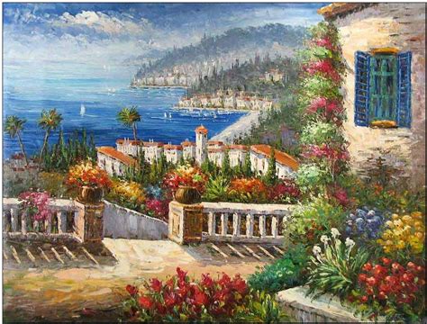 Mediterranean oil painting,Mediterranean Vista Mediterranean