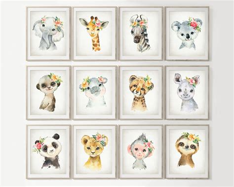 Cute Animals Print Set of 12, Watercolor ZOO Baby Animal Nursery Wall Art, Safari Playroom Dec ...