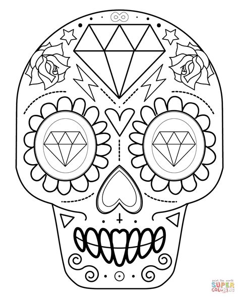 Dibujo de Calavera de Azúcar con Diamantes para colorear | Dibujos para colorear imprimir gratis