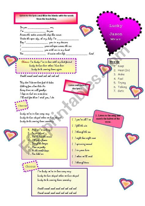 Song - Lucky - [Jason Mraz] - ESL worksheet by gmbley