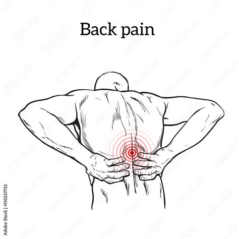 Lumbar pain in a man back pain in a human outline sketch, black and white illustration with ...