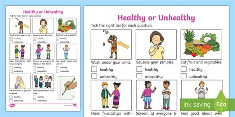 Healthy or Unhealthy Worksheet (teacher made) - Twinkl