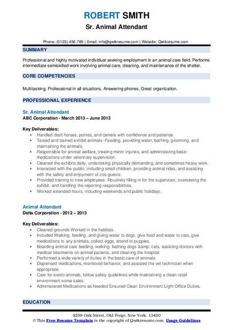 Animal Attendant Resume Samples | QwikResume