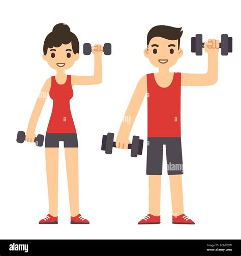 Cute cartoon couple with dumbbells working out. Modern simple flat ...