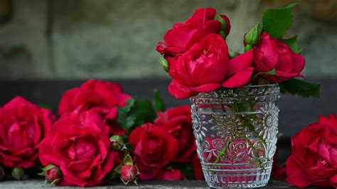 Wallpaper Some red roses, vase, glass cup 3840x2160 UHD 4K Picture, Image