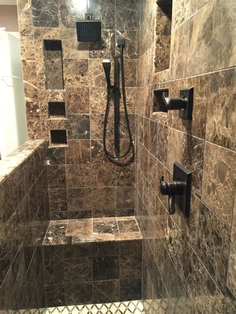 Converted shower/tub to Walk in Shower with Dark Emperador Marble (With ...