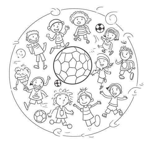 Circle Coloring Page With Children Playing Sports Outline Sketch ...