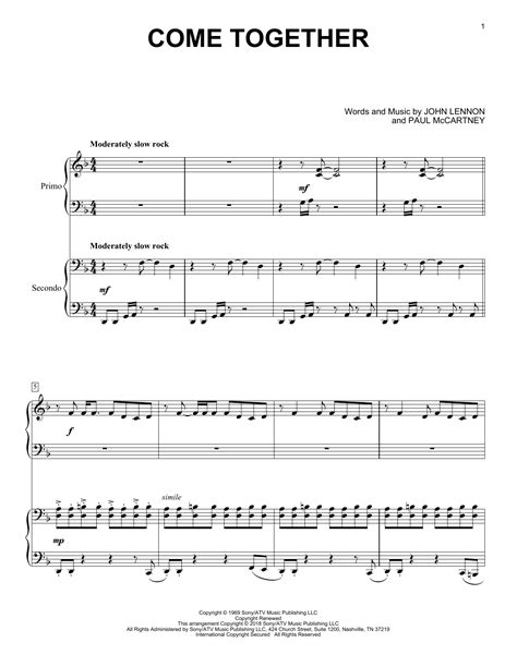 Come Together by The Beatles Sheet Music for Piano Duet at Sheet Music Direct