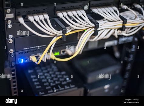 Network server, switch and routers. Many wires connect Internet servers ...