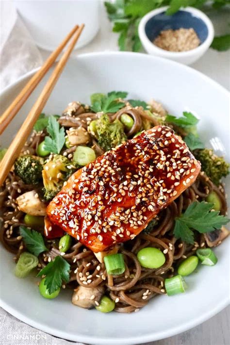 Maple Glazed Salmon with Soba Noodles, Broccoli & Edamame