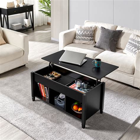 Easyfashion Minimalist Wooden Lift Top Coffee Table w/ Hidden Compartment and Storage Black ...