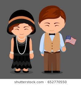 Americans in national dress with a flag. Man and woman in traditional costume. Travel to Unit ...