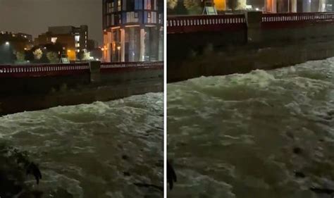 Sheffield floods: River bank bursting as water nearly engulfs bridge in shock video | Weather ...