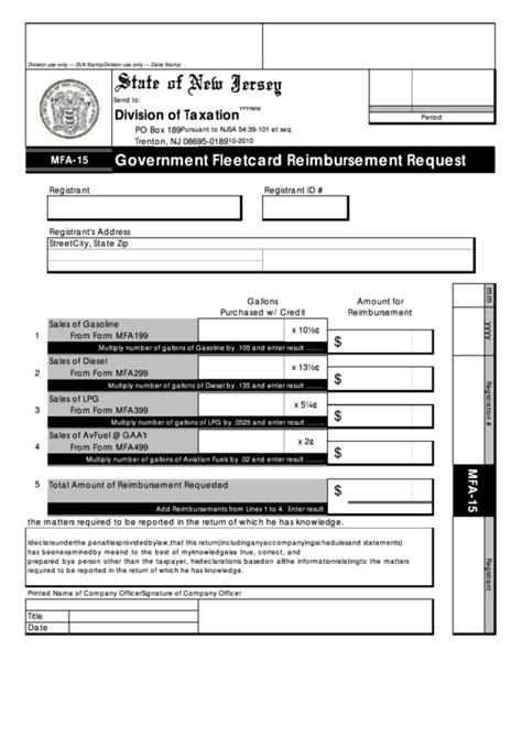 Fillable Form Mfa-15 - Government Fleetcard Reimbursement Request printable pdf download