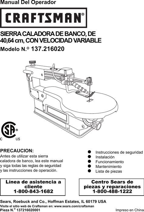 Craftsman 16 Variable Speed Scroll Saw 21602 Owners Manual Espanol 216020 SS163VRC 052608 Spanish