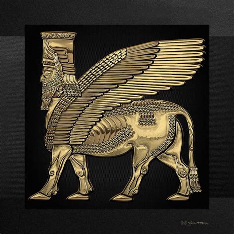 Lamassu Digital Art - Assyrian Winged Bull - Gold Lamassu over Black Canvas by Serge Averbukh ...