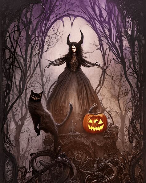 Halloween Scene Witches and Black Cats · Creative Fabrica