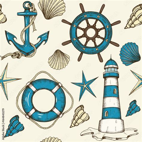 Nautical seamless pattern with and drawn vector anchor, lighthouse ...